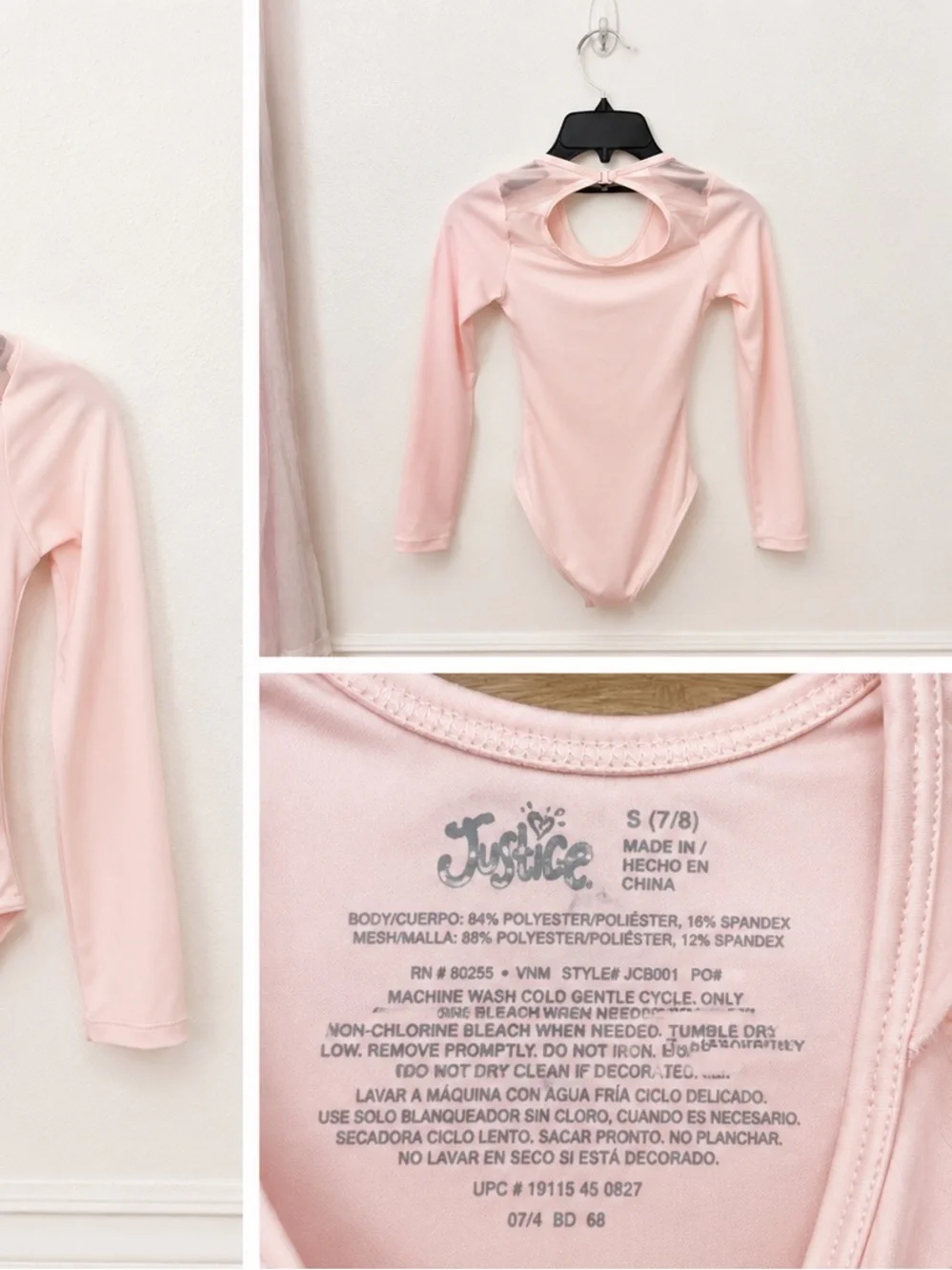 Justice Light Pink Long Sleeve Dance Leotard with Mesh Accents